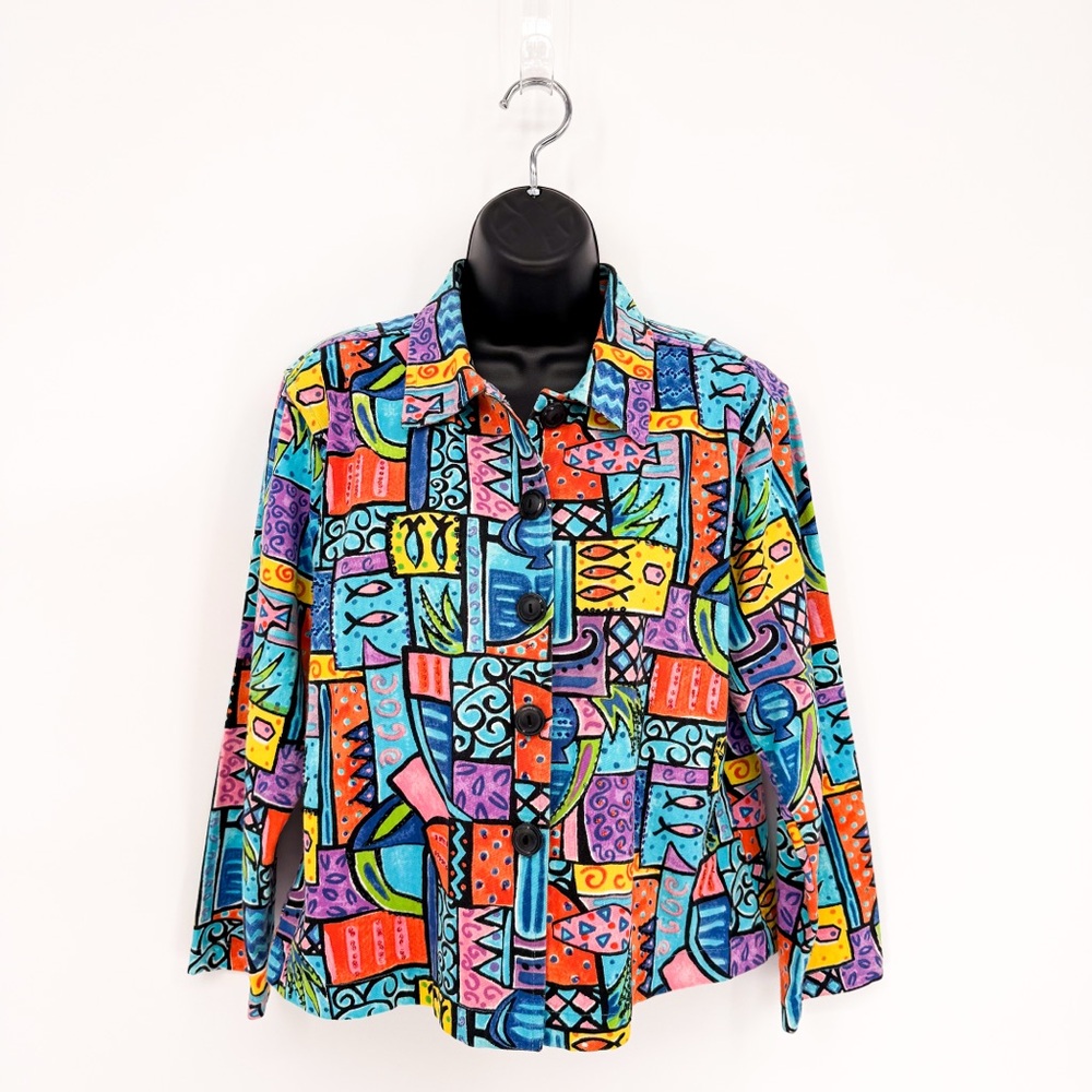 ☀️ 3/$25 Vintage Lifestyle Multicolored Abstract Fish Print Lightweight Blazer